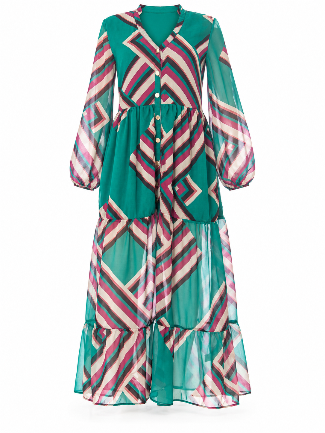 ABITO A BALZE CHIFFON STAMPA GEOMETRIC 